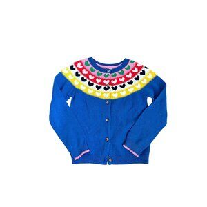 Mini Boden Royal Blue Cardigan with Yellow, Pink, Green and Black Heart Pattern